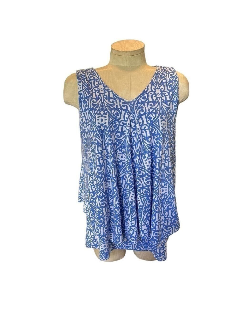 Lulu B White & Blue Flowy Womens Sleeveless Top Womens Small Tank Top